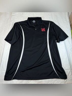Spike Sports Men's Black Polo with White Accents and Nebraska Huskers logo